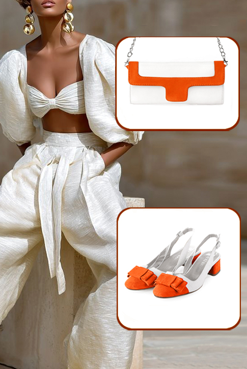 Women's clementine orange and pure white elegant slingback heels, with a bow on the front. Round toe. Low flare heels - Worn view